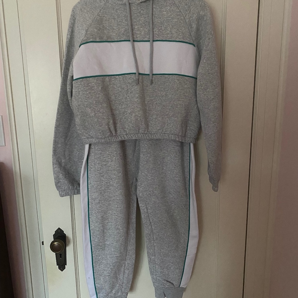 Garage hoodie sweatsuit in grey with colour block white/teal, size M